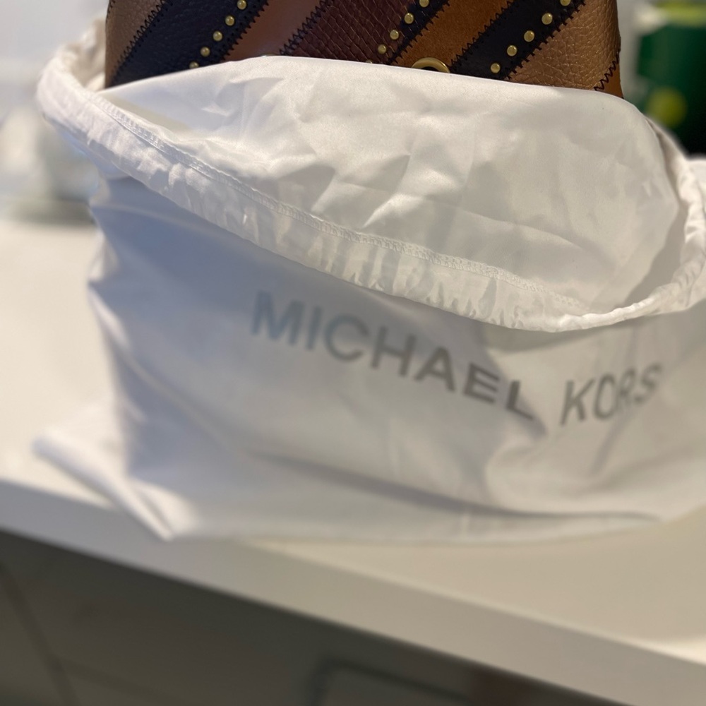 Michael Kors Brown and Tan Striped Leather Drawstring Bucket Bag - Picture 6 of 7